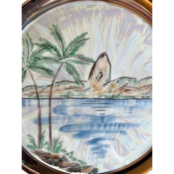 Hand-Painted Decorative Plate With Scenic Rio Landscape & Metallic Trim - Picture 2 of 5